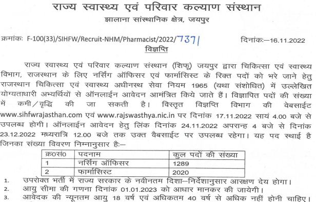 Rajasthan Nursing Officer/Pharmacist Recruitment 2022 - Apply Online for 3309 Post-https://myrpsc.in