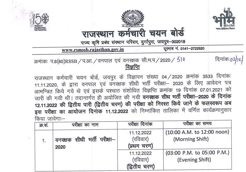Rajasthan Forest Guard Admit Card 2022: Exam Date11 दिसंबर 2022-https://myrpsc.in